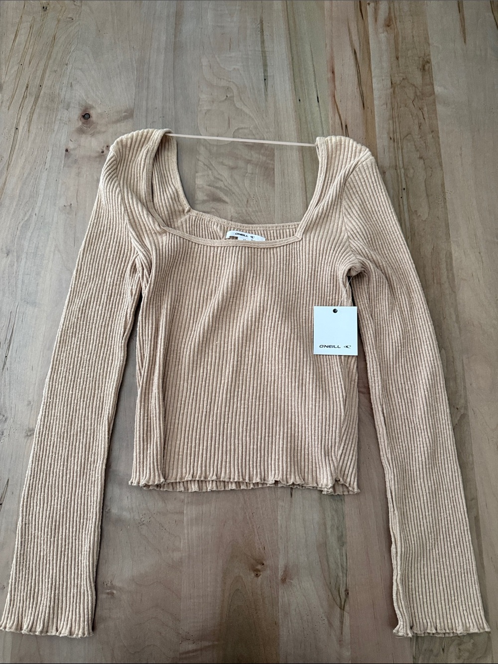 O'Neill Beige Ribbed Long-Sleeve Square Neck Top
